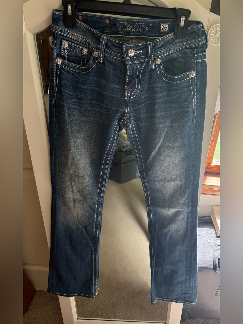 Miss Me Boot cut Womens jeans with American Flag on Pockets New w Flaws Medium